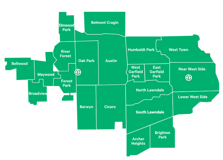 Map of the Chicago area with 21 towns and neighborhoods labeled
