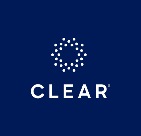 White CLEAR logo on blue background