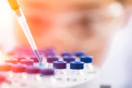 Closeup of a pipette dispensing liquid into vials, with the researcher's face wearing safety glasses out of focus behind