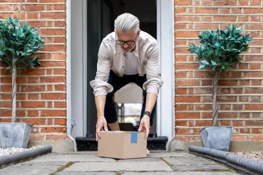 Man picking up box at doorstep