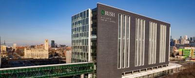 Exterior of the Rubschlager Building with Chicago skyline behind