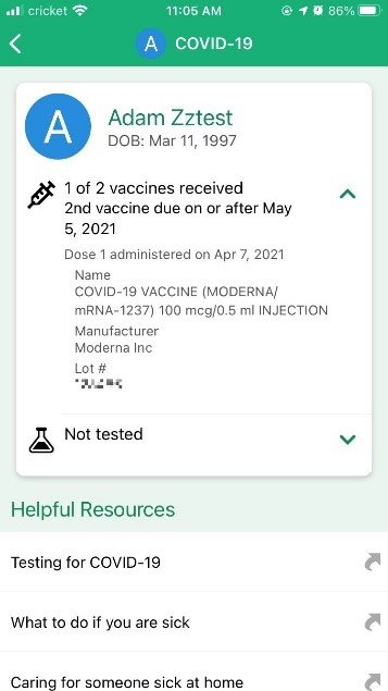 Virtual vaccine card example